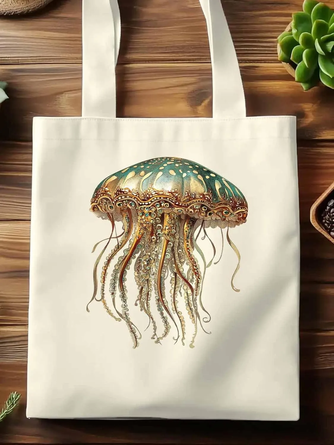 Canvas Tote Bag, Vintage Jellyfish Print patterned Canvas Tote Handbags for Women Shoulder Bag,