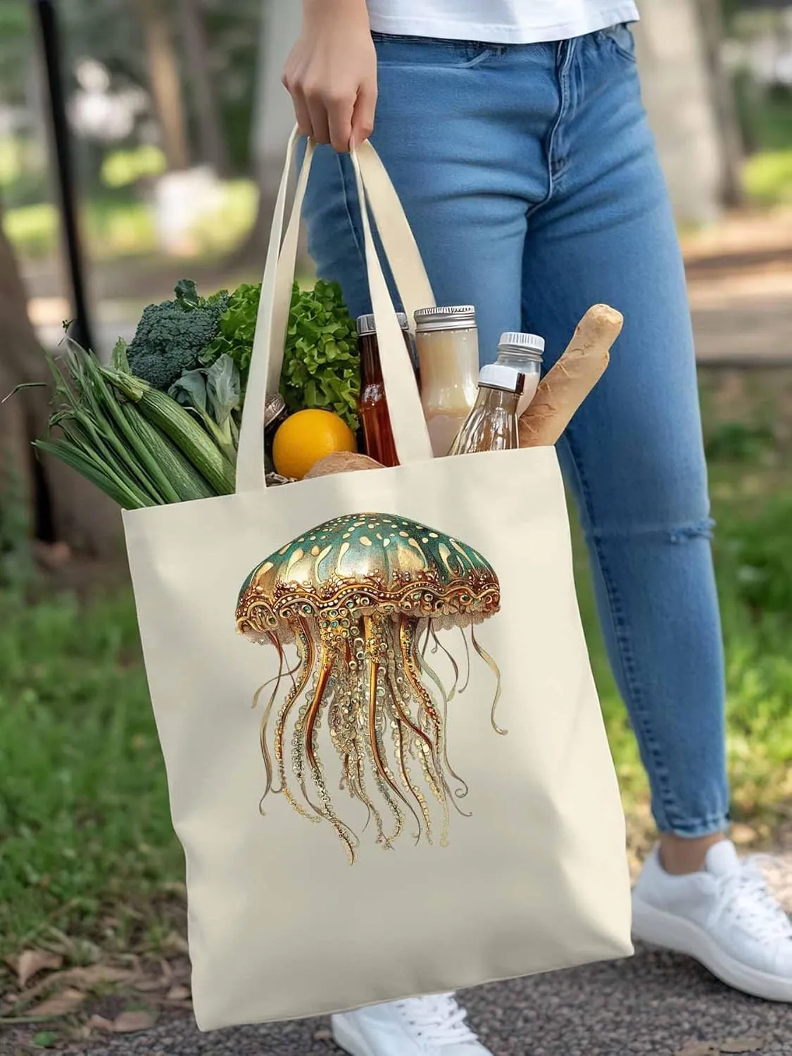 Canvas Tote Bag, Vintage Jellyfish Print patterned Canvas Tote Handbags for Women Shoulder Bag,