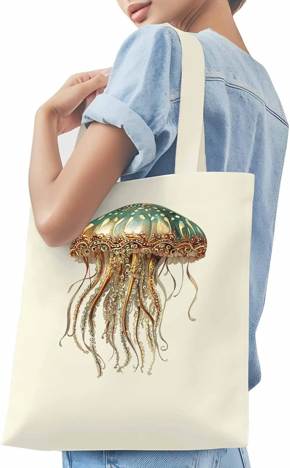 Canvas Tote Bag, Vintage Jellyfish Print patterned Canvas Tote Handbags for Women Shoulder Bag,