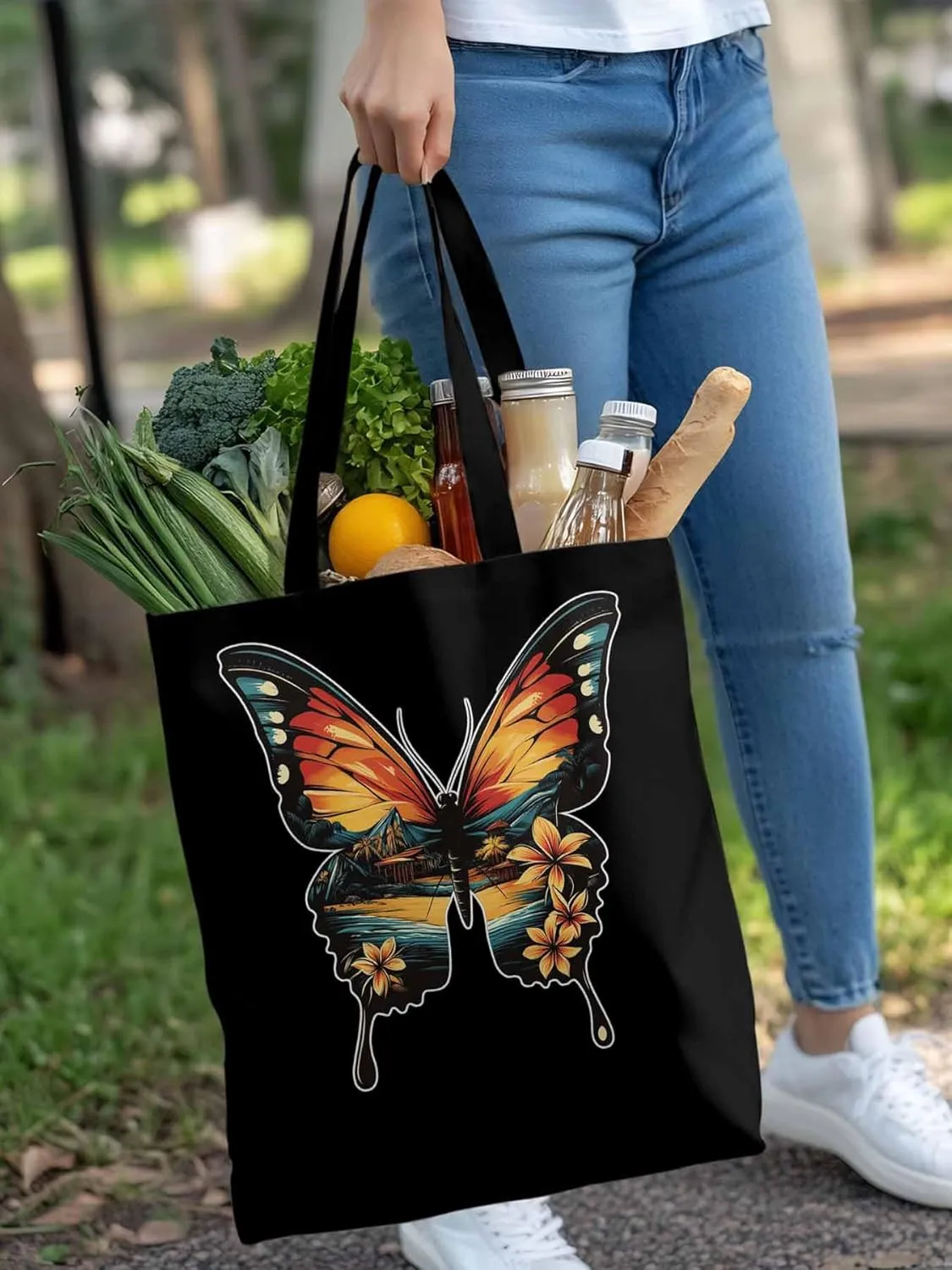 Canvas Tote Bag, Vintage Ombre Butterfly patterned Canvas Tote Handbags for Women Shoulder Bag,