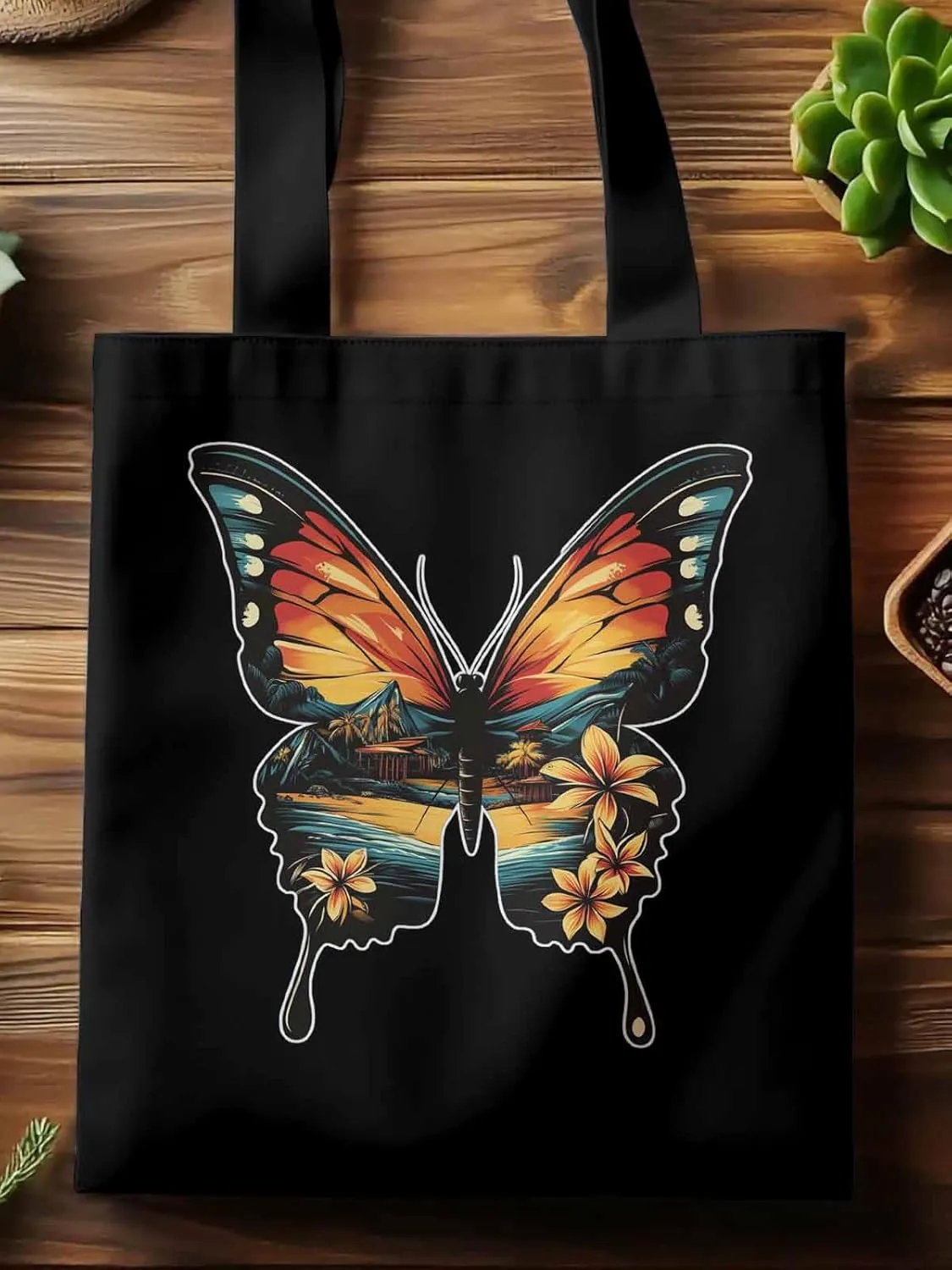 Canvas Tote Bag, Vintage Ombre Butterfly patterned Canvas Tote Handbags for Women Shoulder Bag,