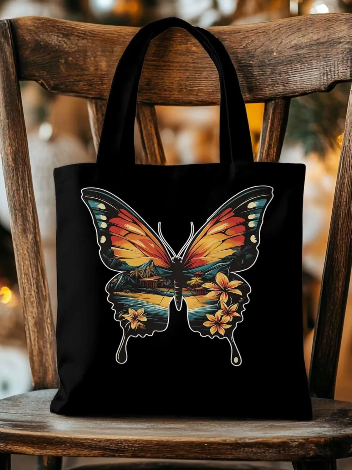 Canvas Tote Bag, Vintage Ombre Butterfly patterned Canvas Tote Handbags for Women Shoulder Bag,