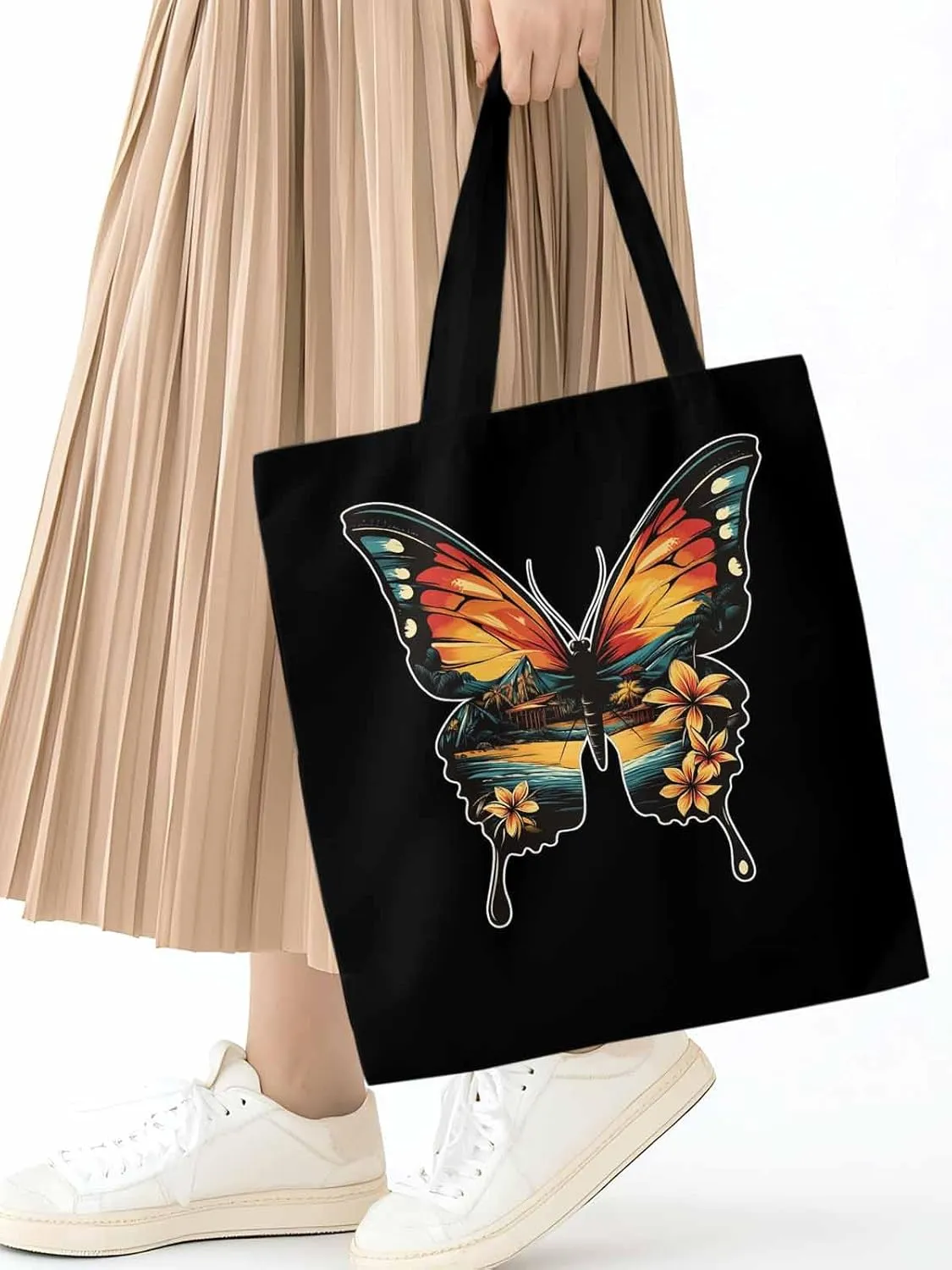Canvas Tote Bag, Vintage Ombre Butterfly patterned Canvas Tote Handbags for Women Shoulder Bag,