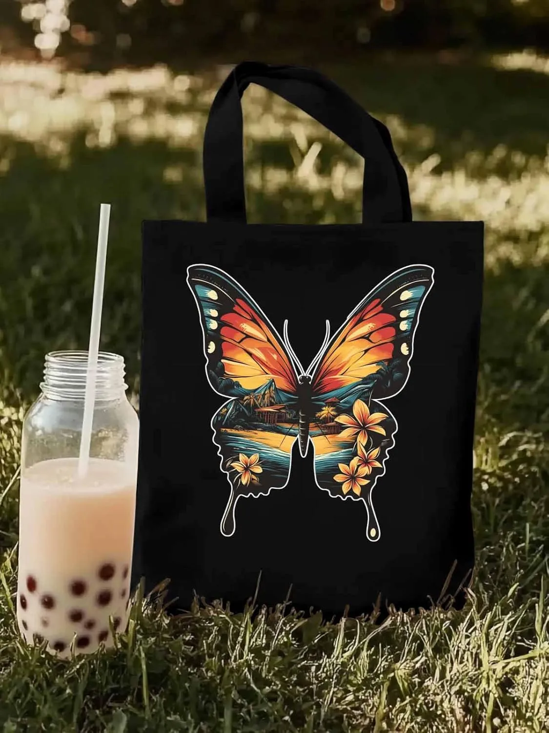 Canvas Tote Bag, Vintage Ombre Butterfly patterned Canvas Tote Handbags for Women Shoulder Bag,