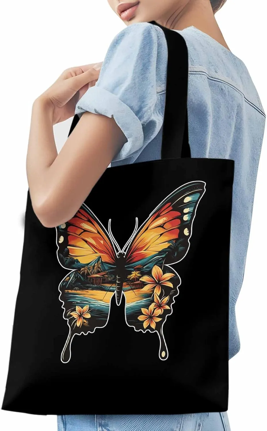 Canvas Tote Bag, Vintage Ombre Butterfly patterned Canvas Tote Handbags for Women Shoulder Bag,