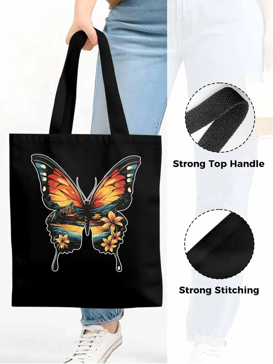 Canvas Tote Bag, Vintage Ombre Butterfly patterned Canvas Tote Handbags for Women Shoulder Bag,