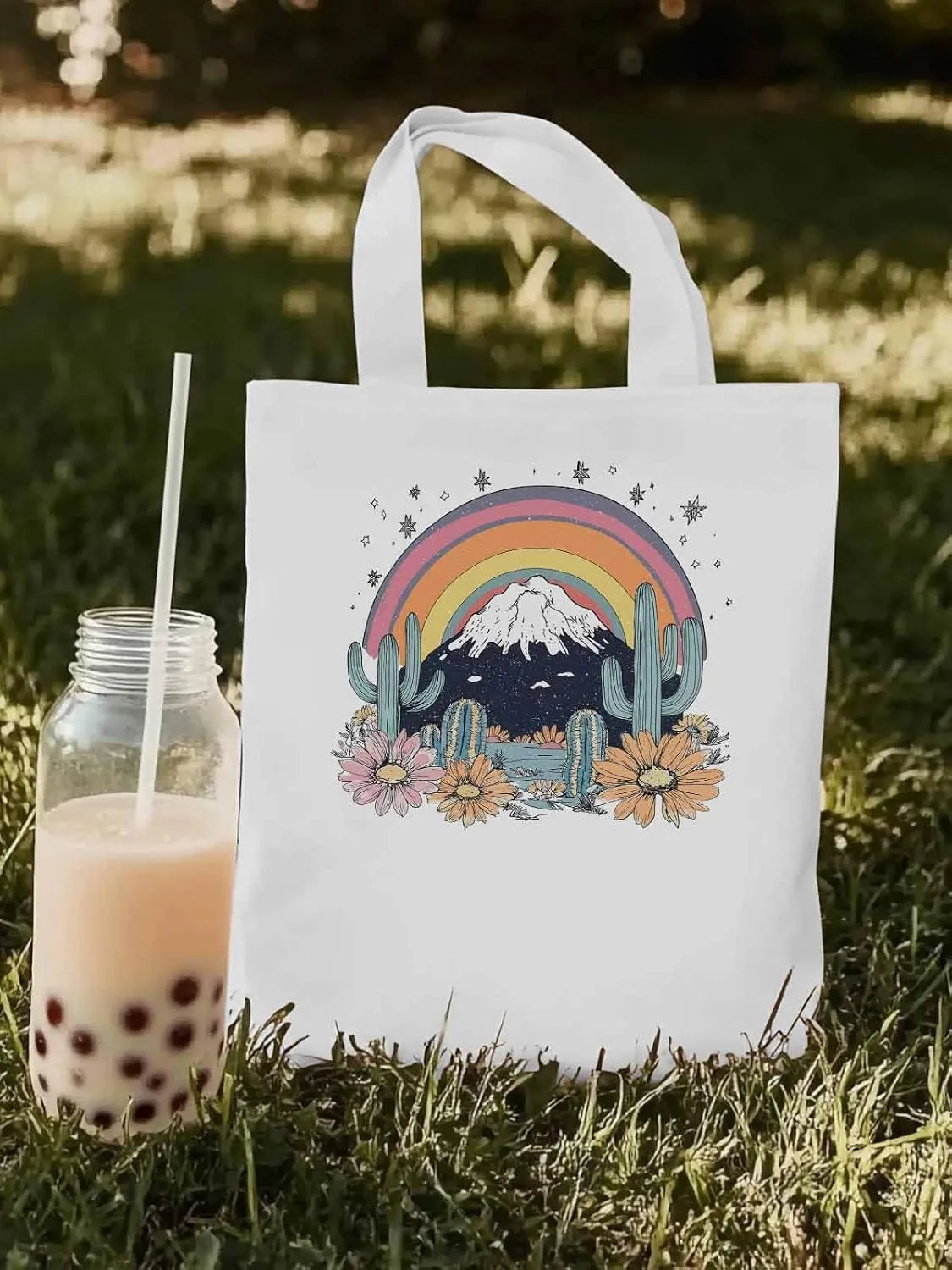 Canvas Tote Bag, Western Mountain Rainbow Cactus Flower patterned Canvas Tote Handbags for Women Shoulder Bag,