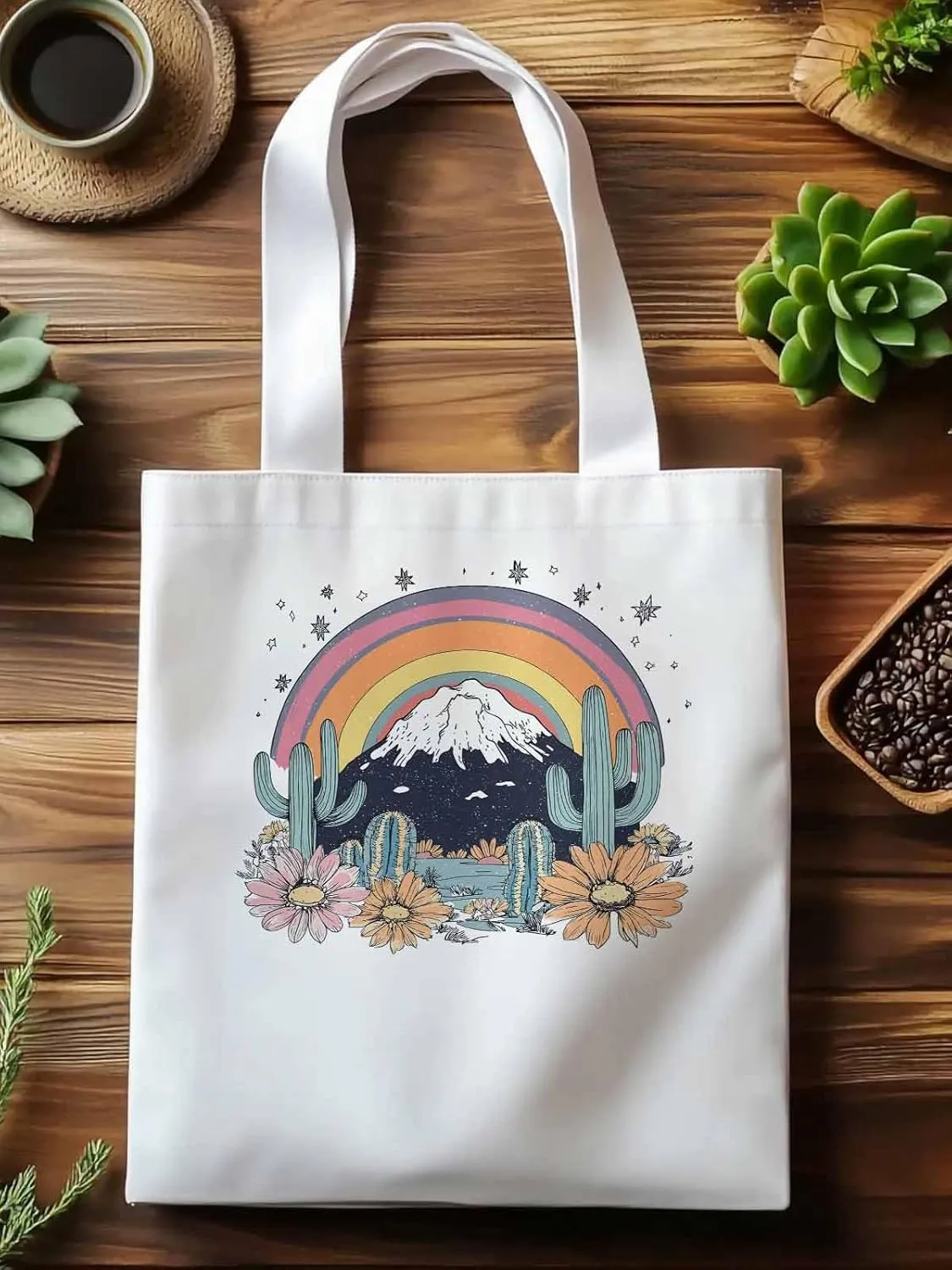 Canvas Tote Bag, Western Mountain Rainbow Cactus Flower patterned Canvas Tote Handbags for Women Shoulder Bag,