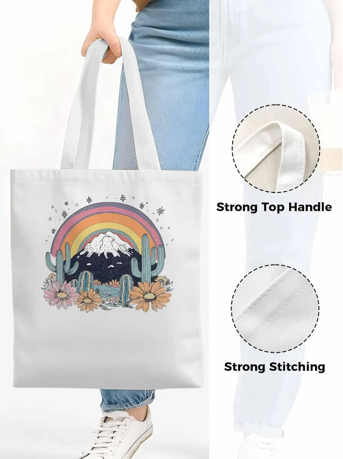 Canvas Tote Bag, Western Mountain Rainbow Cactus Flower patterned Canvas Tote Handbags for Women Shoulder Bag,