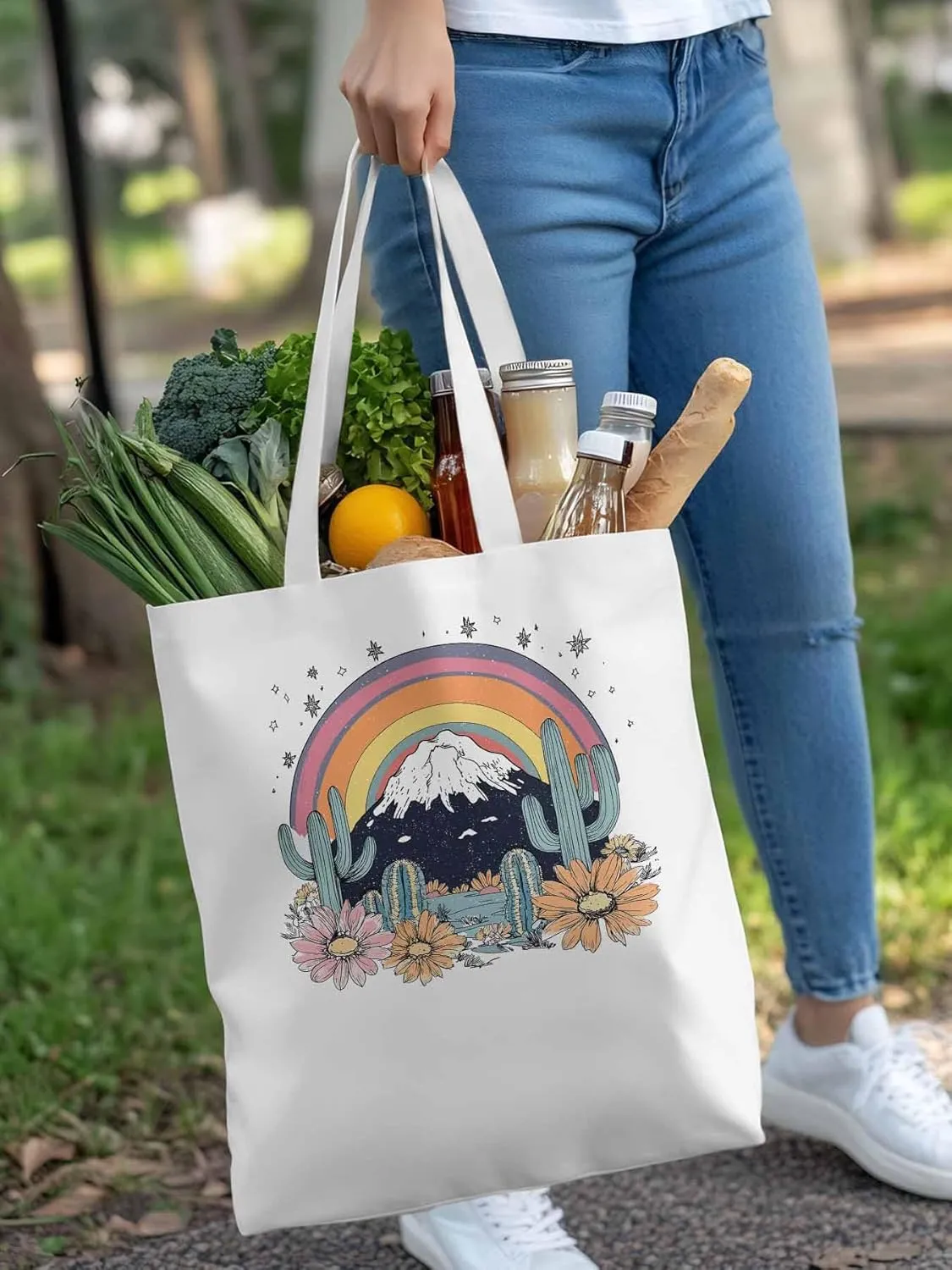 Canvas Tote Bag, Western Mountain Rainbow Cactus Flower patterned Canvas Tote Handbags for Women Shoulder Bag,