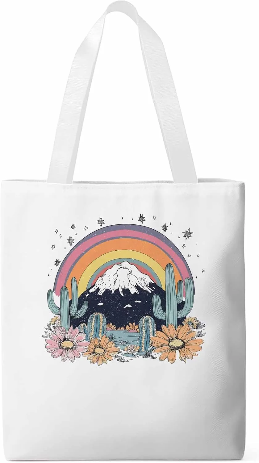 Canvas Tote Bag, Western Mountain Rainbow Cactus Flower patterned Canvas Tote Handbags for Women Shoulder Bag,
