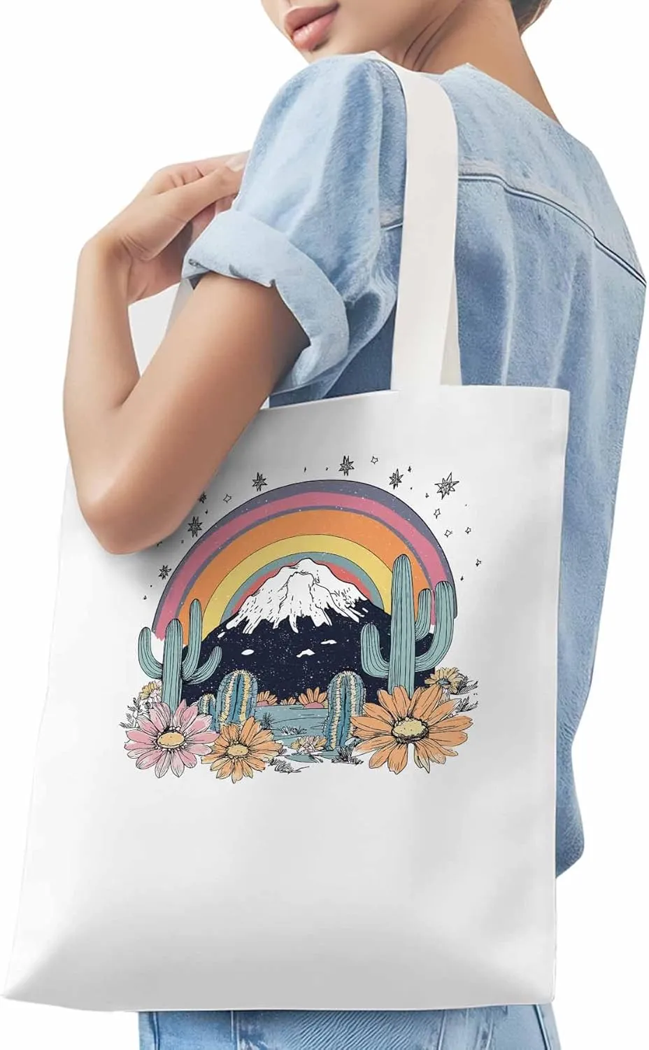 Canvas Tote Bag, Western Mountain Rainbow Cactus Flower patterned Canvas Tote Handbags for Women Shoulder Bag,