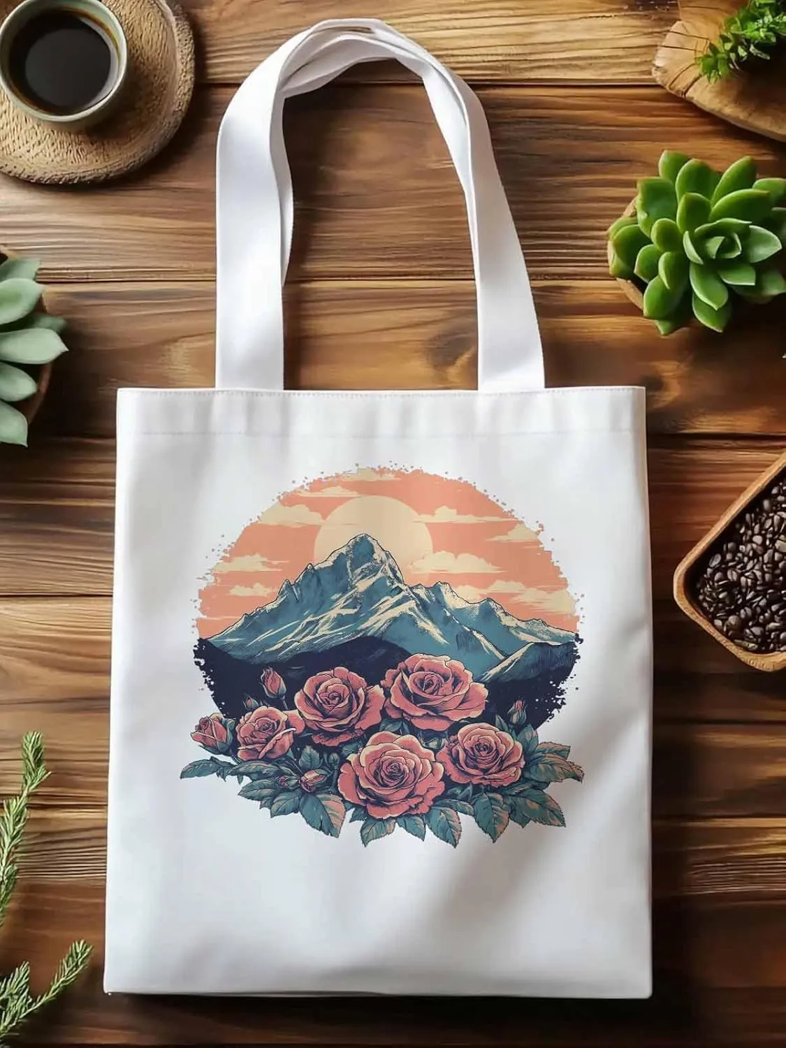 Canvas Tote Bag, Western Vintage Mountain Wildflower patterned Canvas Tote Handbags for Women Shoulder Bag,