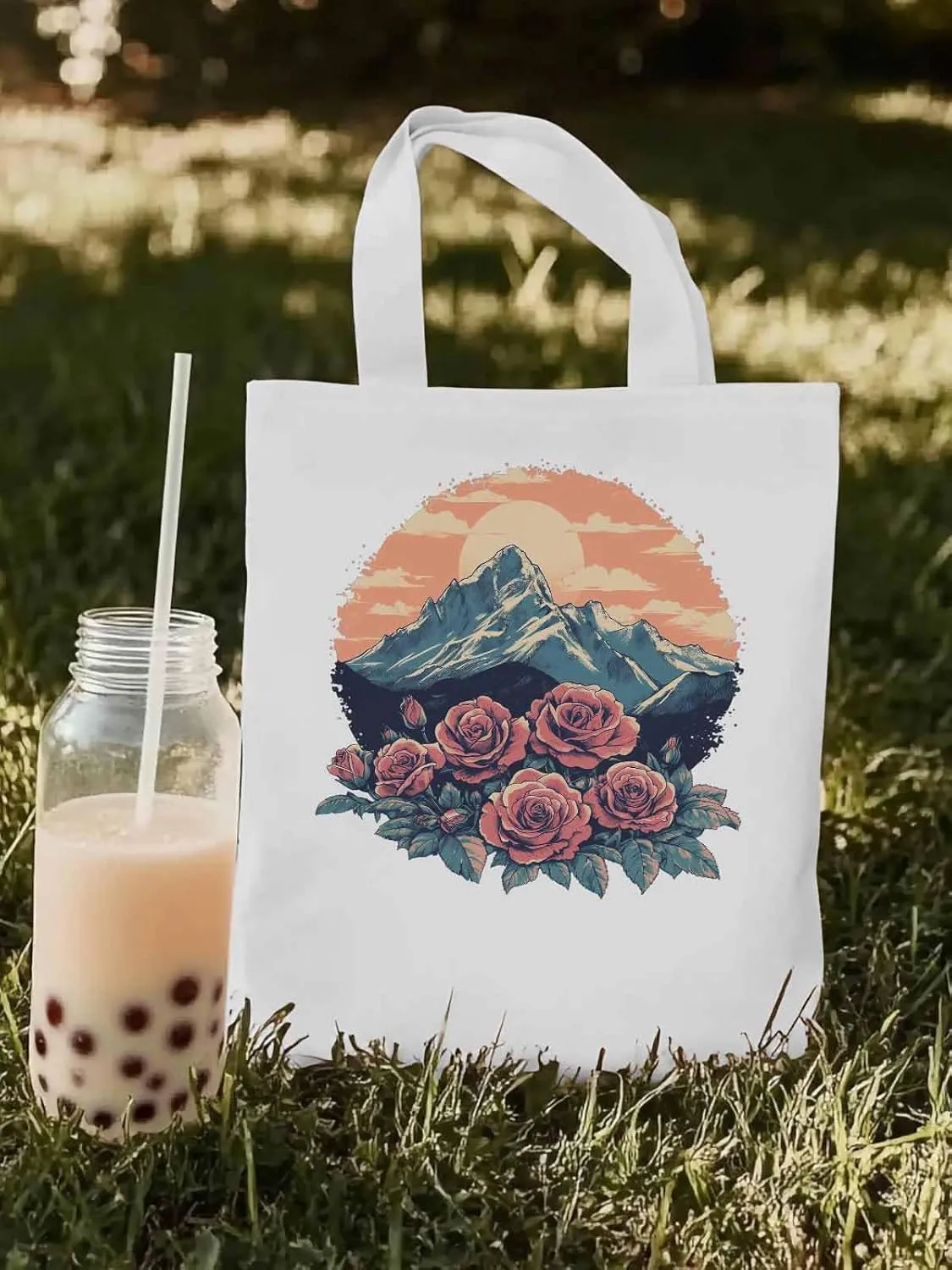 Canvas Tote Bag, Western Vintage Mountain Wildflower patterned Canvas Tote Handbags for Women Shoulder Bag,