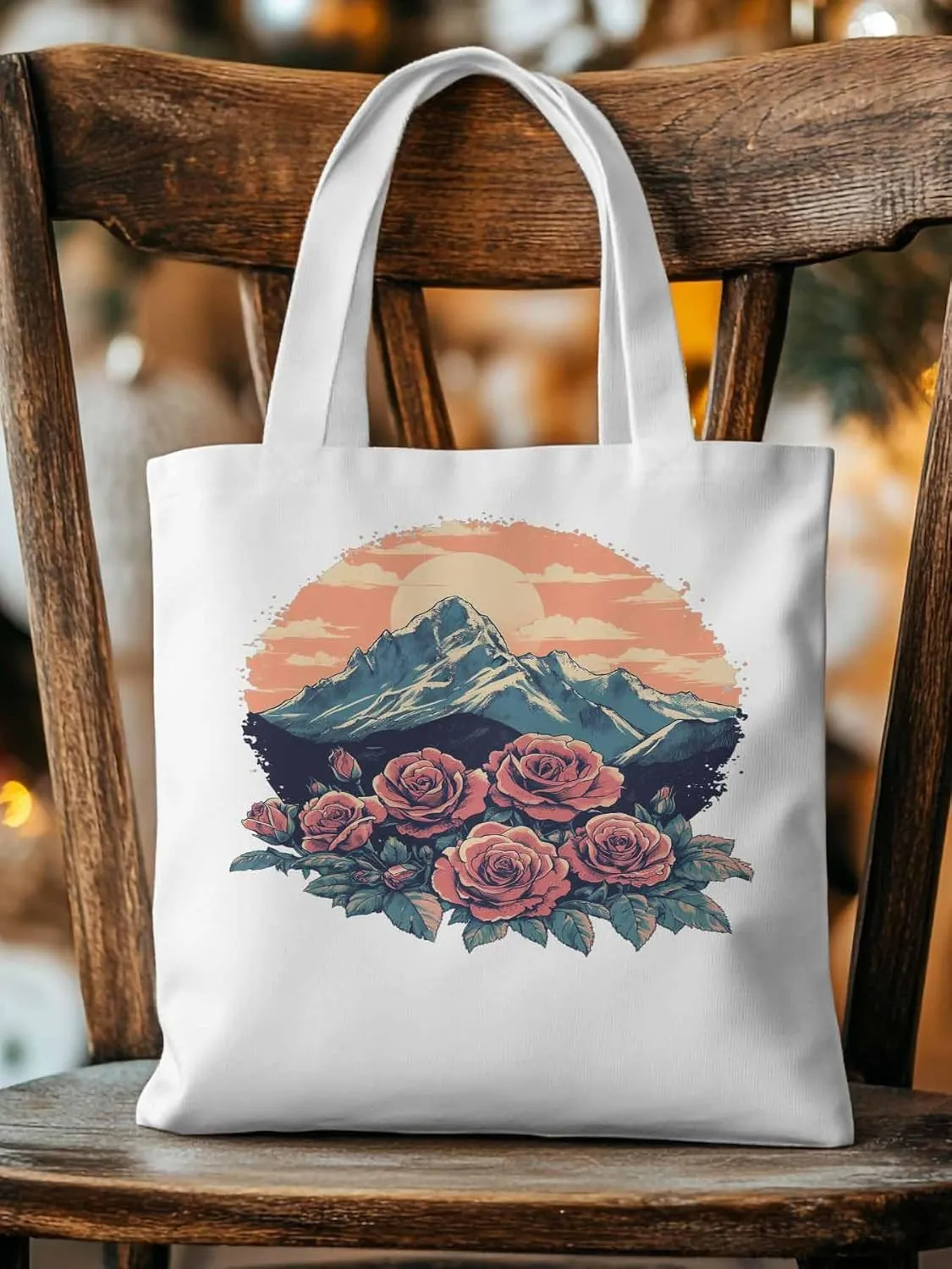 Canvas Tote Bag, Western Vintage Mountain Wildflower patterned Canvas Tote Handbags for Women Shoulder Bag,