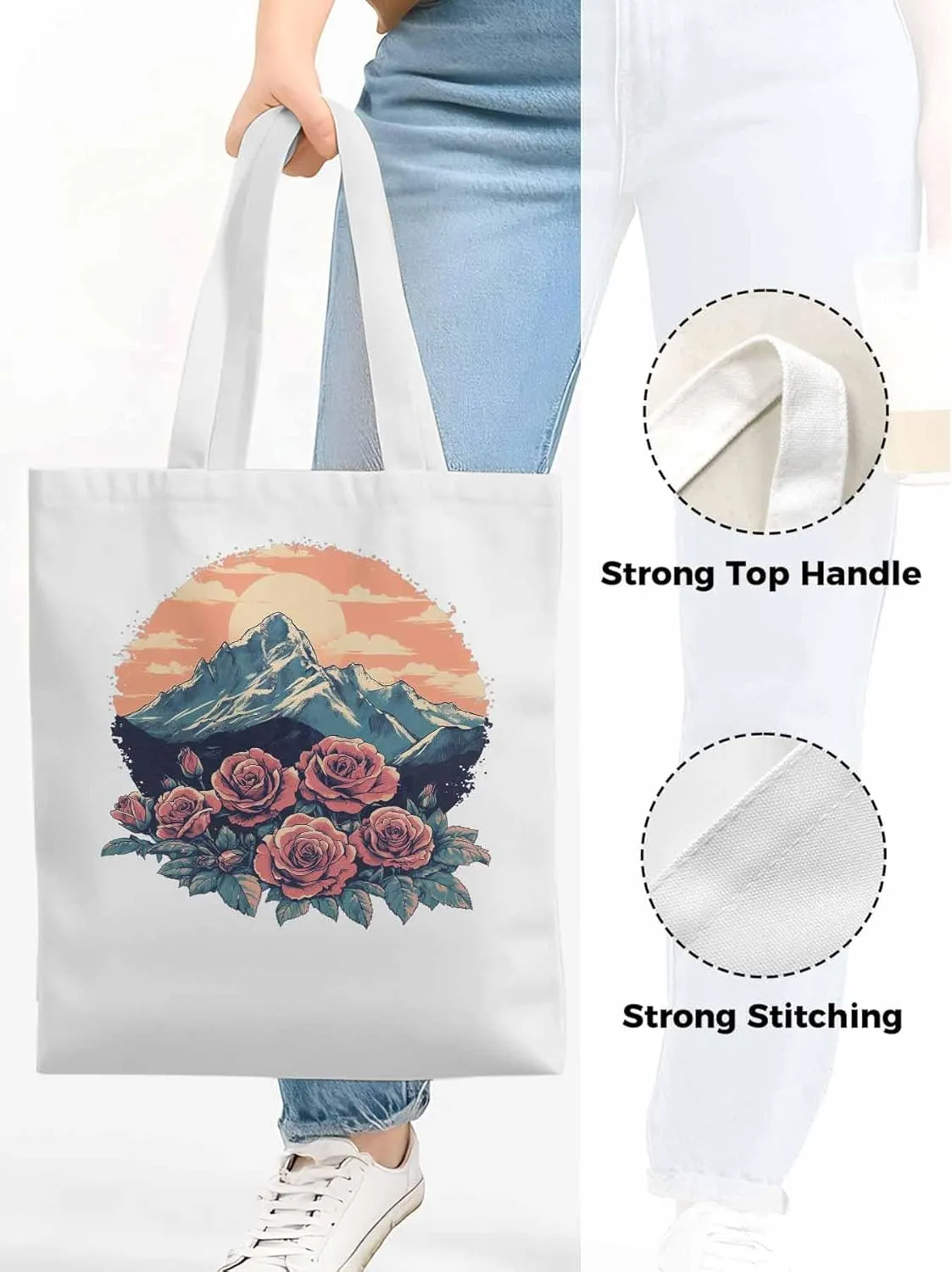 Canvas Tote Bag, Western Vintage Mountain Wildflower patterned Canvas Tote Handbags for Women Shoulder Bag,