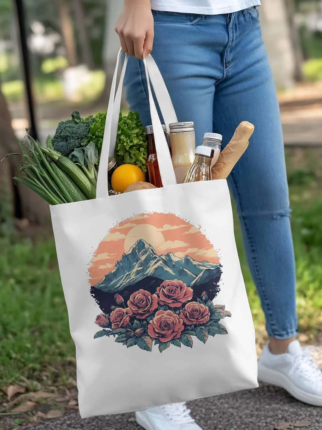 Canvas Tote Bag, Western Vintage Mountain Wildflower patterned Canvas Tote Handbags for Women Shoulder Bag,