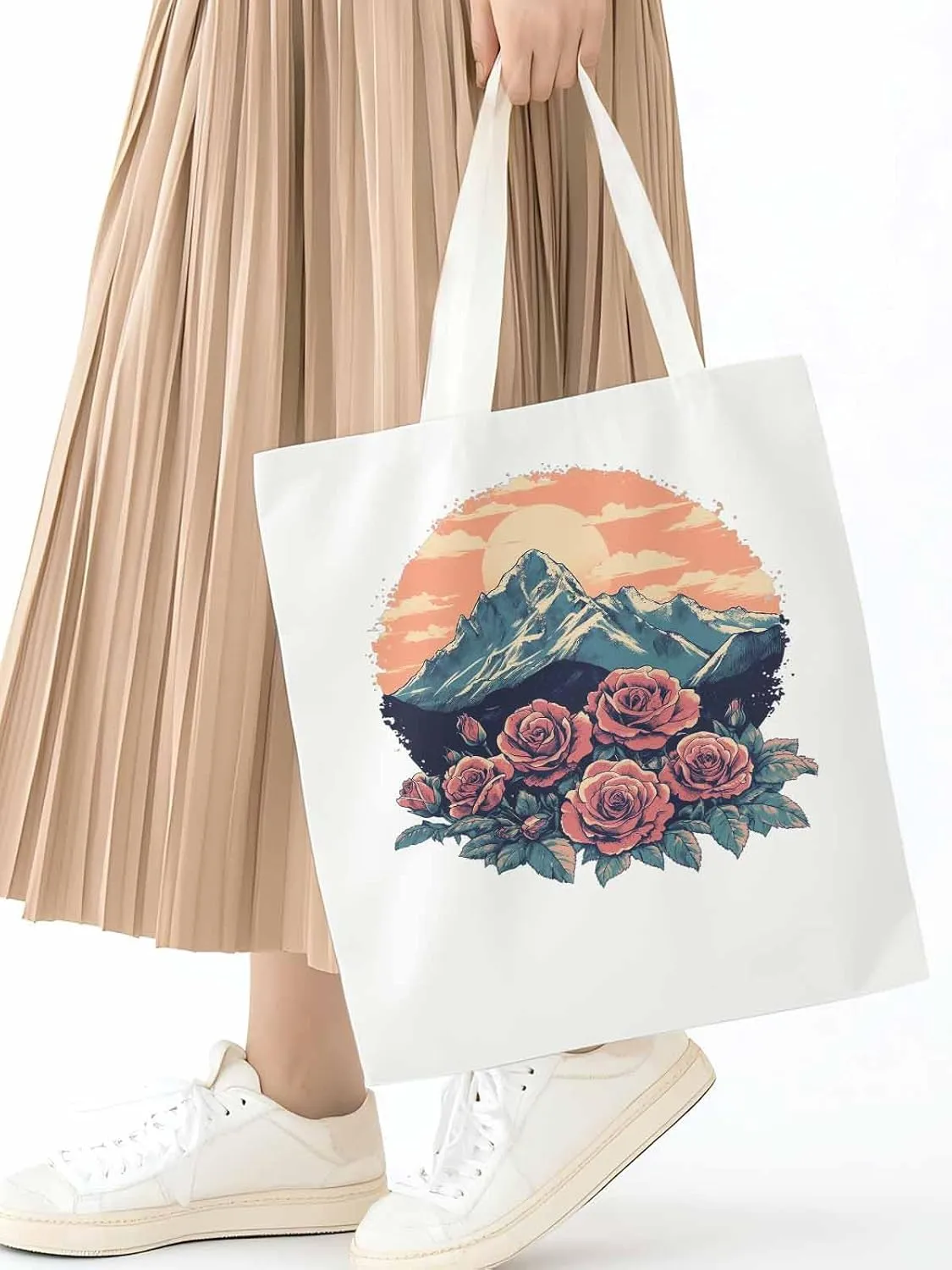 Canvas Tote Bag, Western Vintage Mountain Wildflower patterned Canvas Tote Handbags for Women Shoulder Bag,