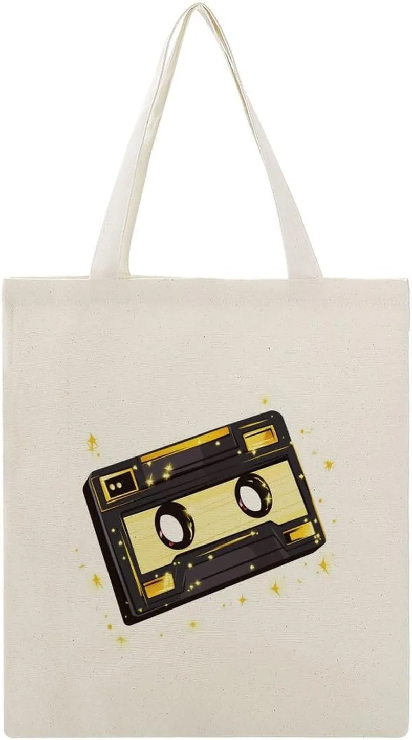 Canvas Tote Bag,1970s Cassette Tape Handbags for Women Shoulder Bag