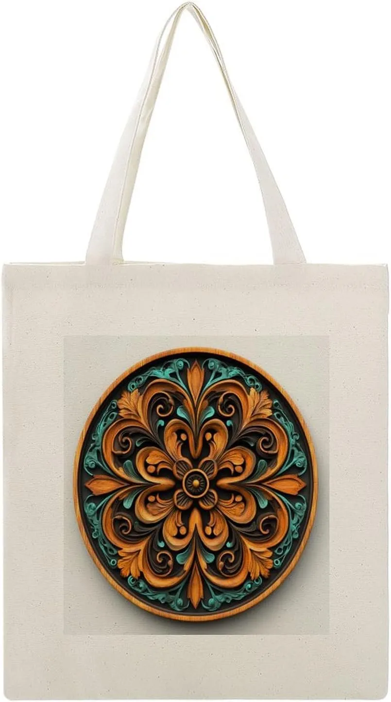 Canvas Tote Bag,Carved Wooden Circular Panel Handbags for Women Shoulder Bag