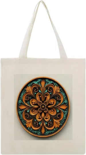 Canvas Tote Bag,Carved Wooden Circular Panel Handbags for Women Shoulder Bag