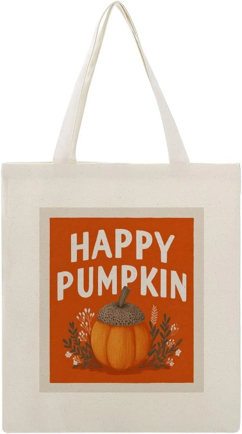 Canvas Tote Bag,Happy Pumpkin Fall Acorn Orange Handbags for Women Shoulder Bag