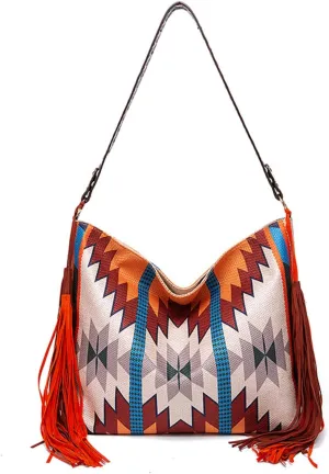 Canvas Tote Bags for Women Handbag Tote Purse with Zipper Ladies Ethnic Travel Tassel Hobo and Shoulder Handbags