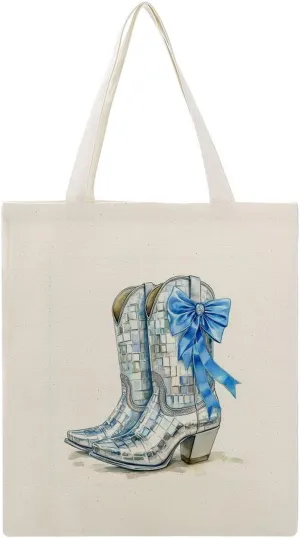 Canvas Tote Bag,Silver Disco Ball Cowgirl Boots with Blue Coquette Bow Handbags for Women Shoulder Bag