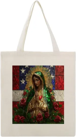 Canvas Tote Bag,Stained Glass Statue of The Virgin Mary Handbags for Women Shoulder Bag