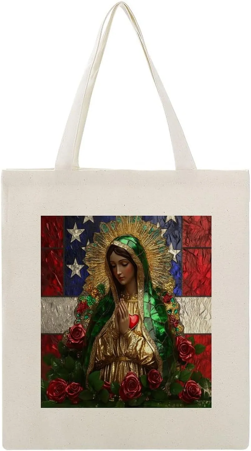 Canvas Tote Bag,Stained Glass Statue of The Virgin Mary Handbags for Women Shoulder Bag