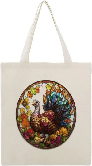 Canvas Tote Bag,Stained Glass Turkey Autumn Leaves Acorns Handbags for Women Shoulder Bag