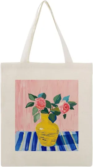 Canvas Tote Bag,Yellow Vase with Pink Roses Handbags for Women Shoulder Bag