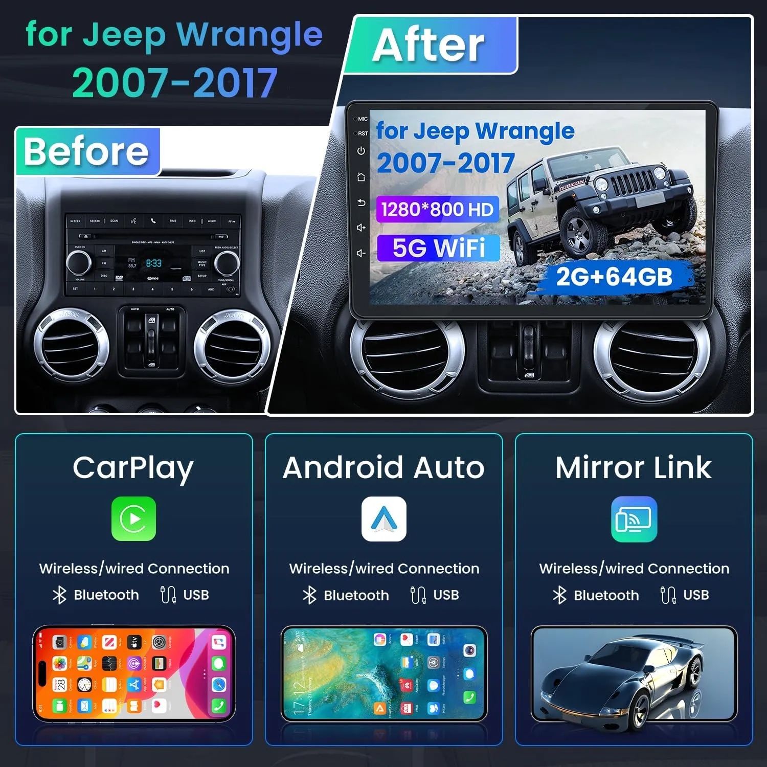 Car Radio Stereo for Jeep Wrangler JK 2007-2017: [2 64G] 10.2" 1280 * 800 HD Touchscreen Head Unit Replacement with Wireless CarPlay Android Auto 5G WiFi Bluetooth GPS FM SWC Backup Camera
