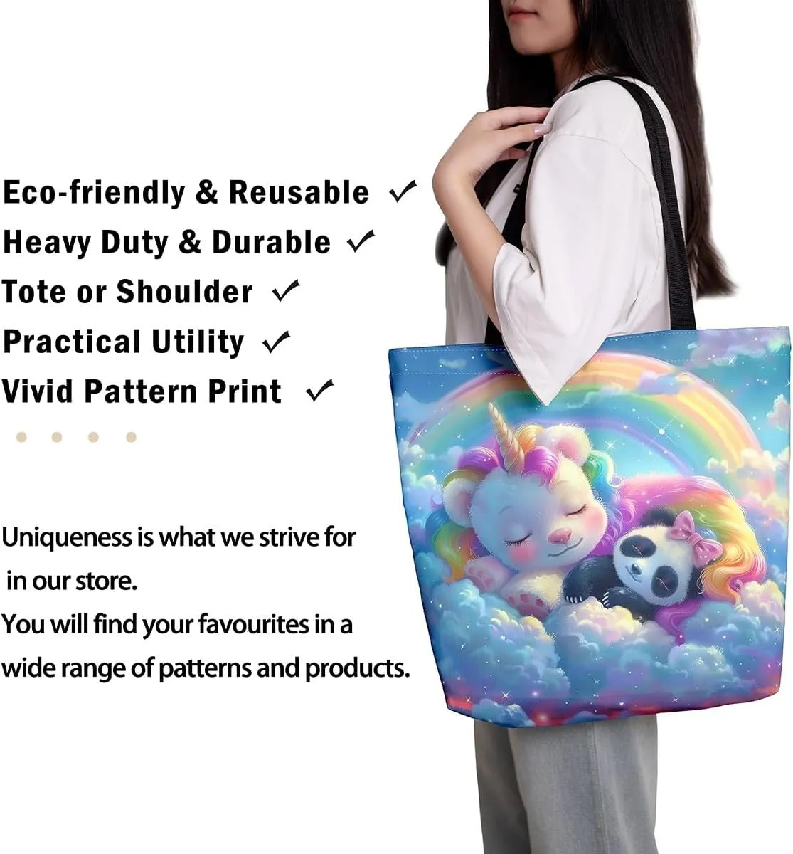 Cartoon Animals Canvas Tote Bag Valentine's Day Shoulder Handbags for Shopping,Unicorn Bag Reusable Handbag