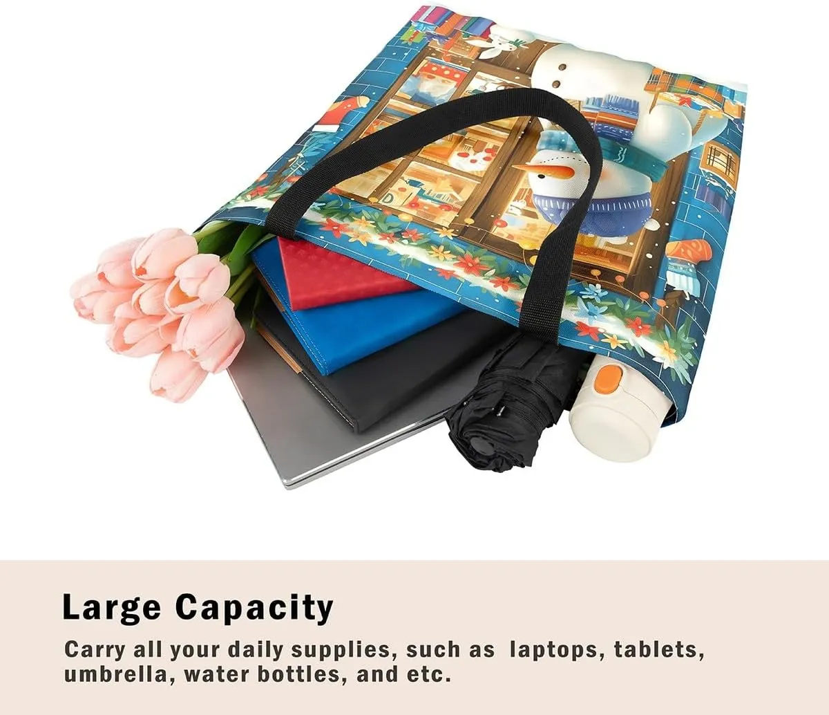Cartoon Snowman Canvas Bag,Merry Christmas Shoulder Handbags 19.7x15.7 Inch,Xmas Winter Snowflake Canvas Tote Bag