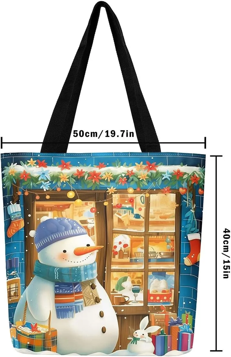 Cartoon Snowman Canvas Bag,Merry Christmas Shoulder Handbags 19.7x15.7 Inch,Xmas Winter Snowflake Canvas Tote Bag