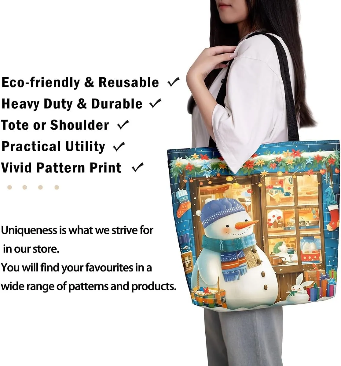 Cartoon Snowman Canvas Bag,Merry Christmas Shoulder Handbags 19.7x15.7 Inch,Xmas Winter Snowflake Canvas Tote Bag