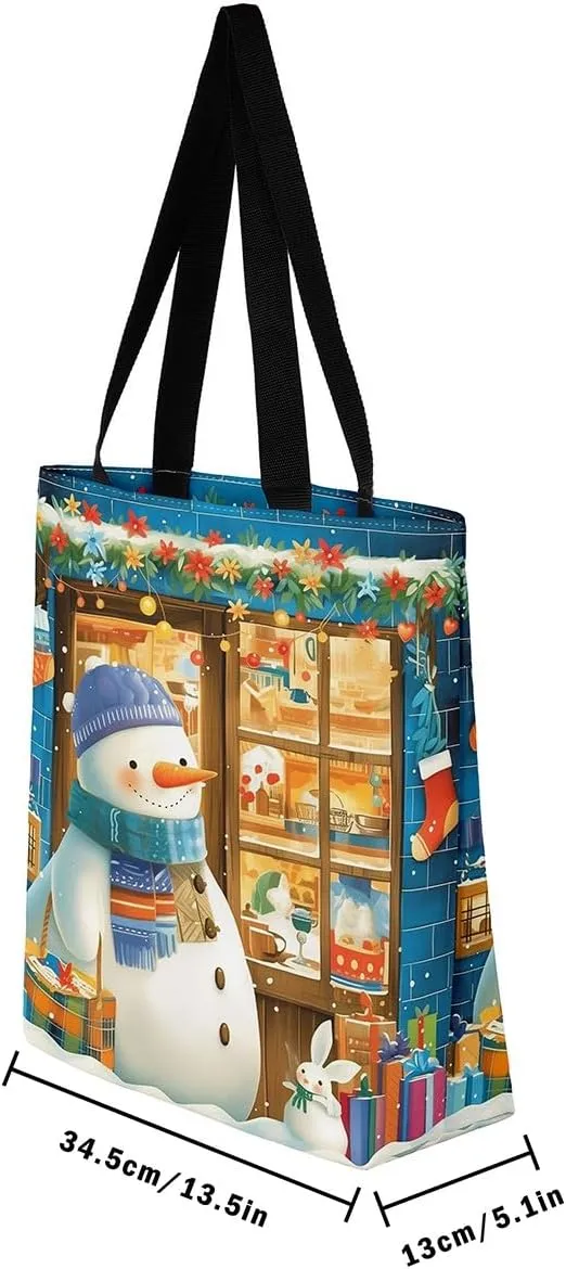 Cartoon Snowman Canvas Bag,Merry Christmas Shoulder Handbags 19.7x15.7 Inch,Xmas Winter Snowflake Canvas Tote Bag
