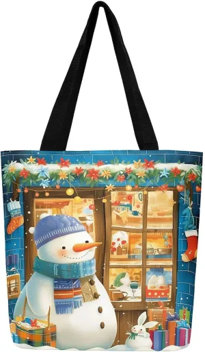 Cartoon Snowman Canvas Bag,Merry Christmas Shoulder Handbags 19.7x15.7 Inch,Xmas Winter Snowflake Canvas Tote Bag