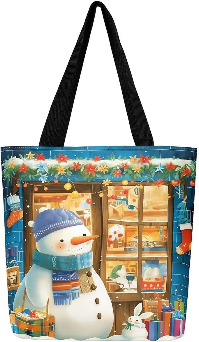 Cartoon Snowman Canvas Bag,Merry Christmas Shoulder Handbags 19.7x15.7 Inch,Xmas Winter Snowflake Canvas Tote Bag