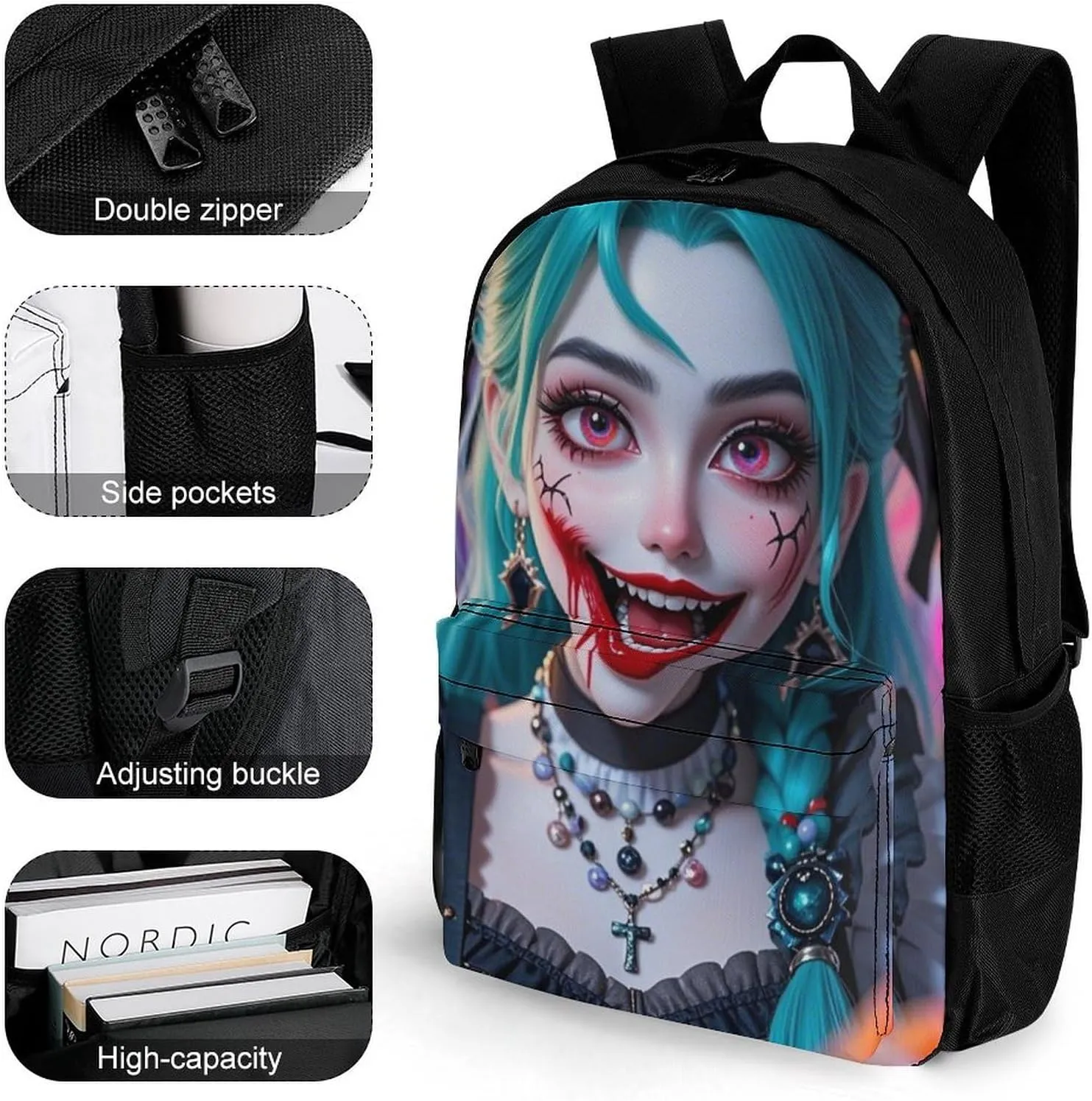 Cartoon Woman Women Mystical Art Shoulder Book Bags Polyester Multipurpose Anti-Theft Carry On Bag Large Capacity Travel Hiking & Camping Rucksack