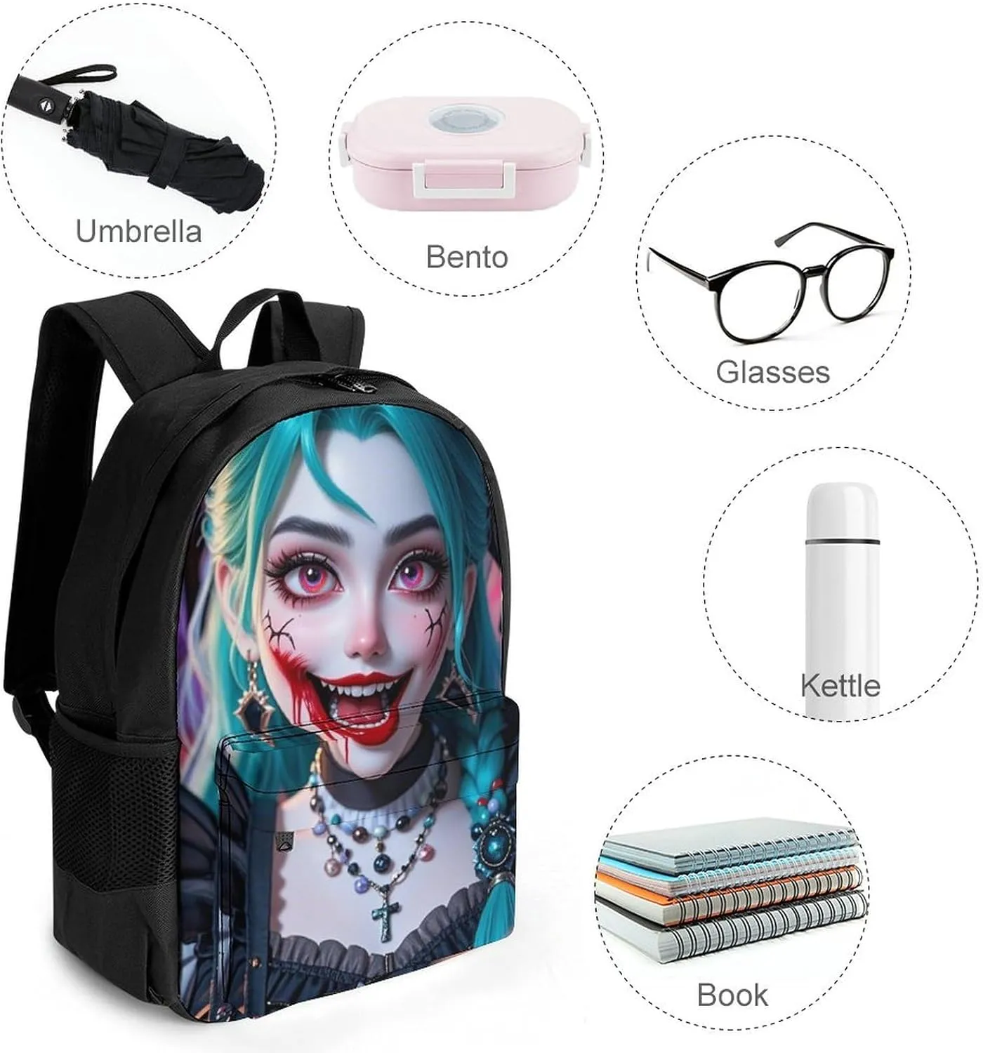 Cartoon Woman Women Mystical Art Shoulder Book Bags Polyester Multipurpose Anti-Theft Carry On Bag Large Capacity Travel Hiking & Camping Rucksack