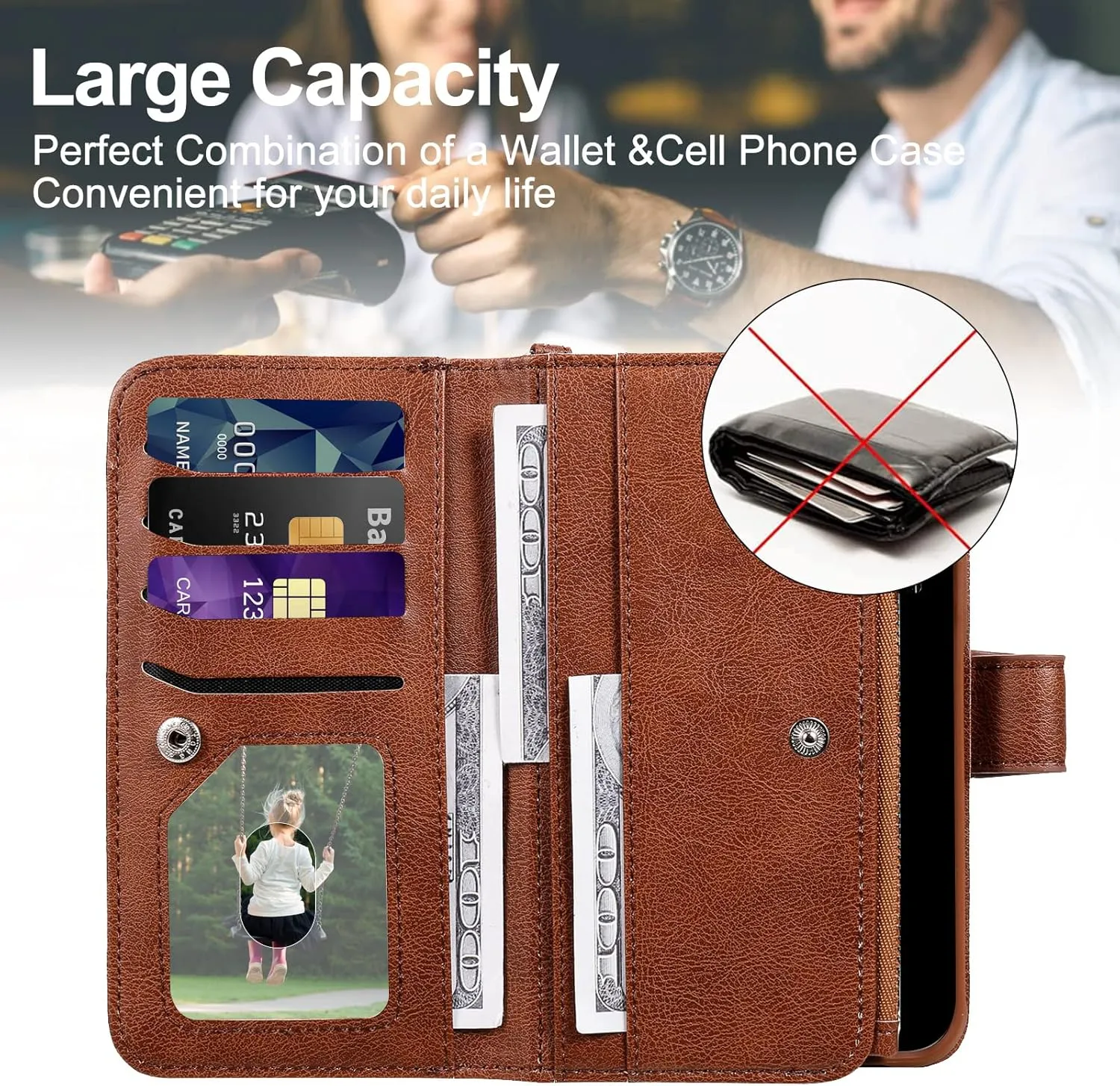 Case for iPhone XR, 2 in 1 Magnetic Detachable Shockproof Case, Flip Folio PU Leather Cover with Card Slot for iPhone XR, Brown
