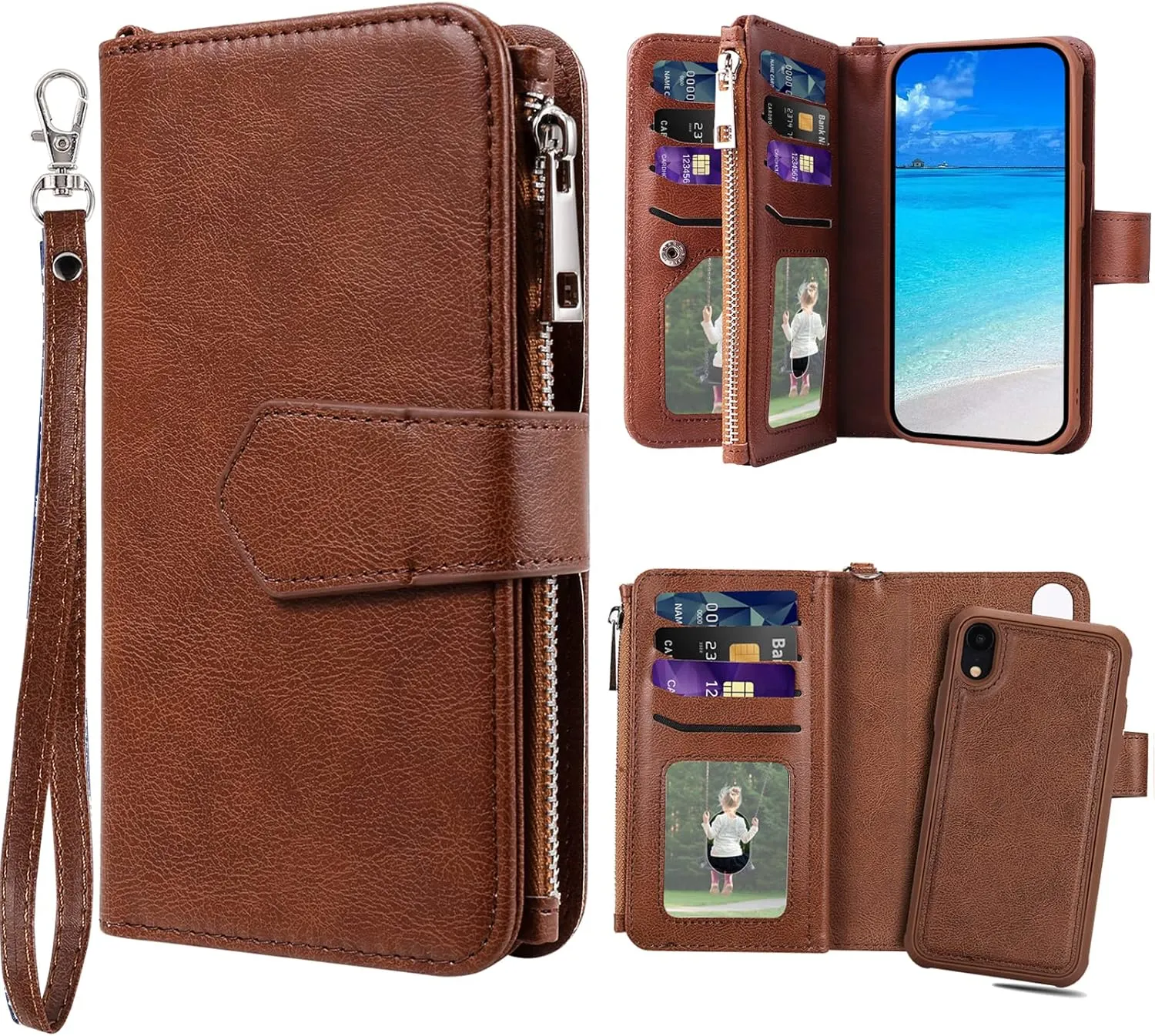 Case for iPhone XR, 2 in 1 Magnetic Detachable Shockproof Case, Flip Folio PU Leather Cover with Card Slot for iPhone XR, Brown