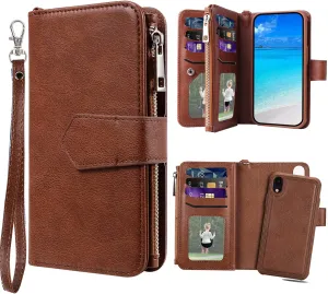 Case for iPhone XR, 2 in 1 Magnetic Detachable Shockproof Case, Flip Folio PU Leather Cover with Card Slot for iPhone XR, Brown
