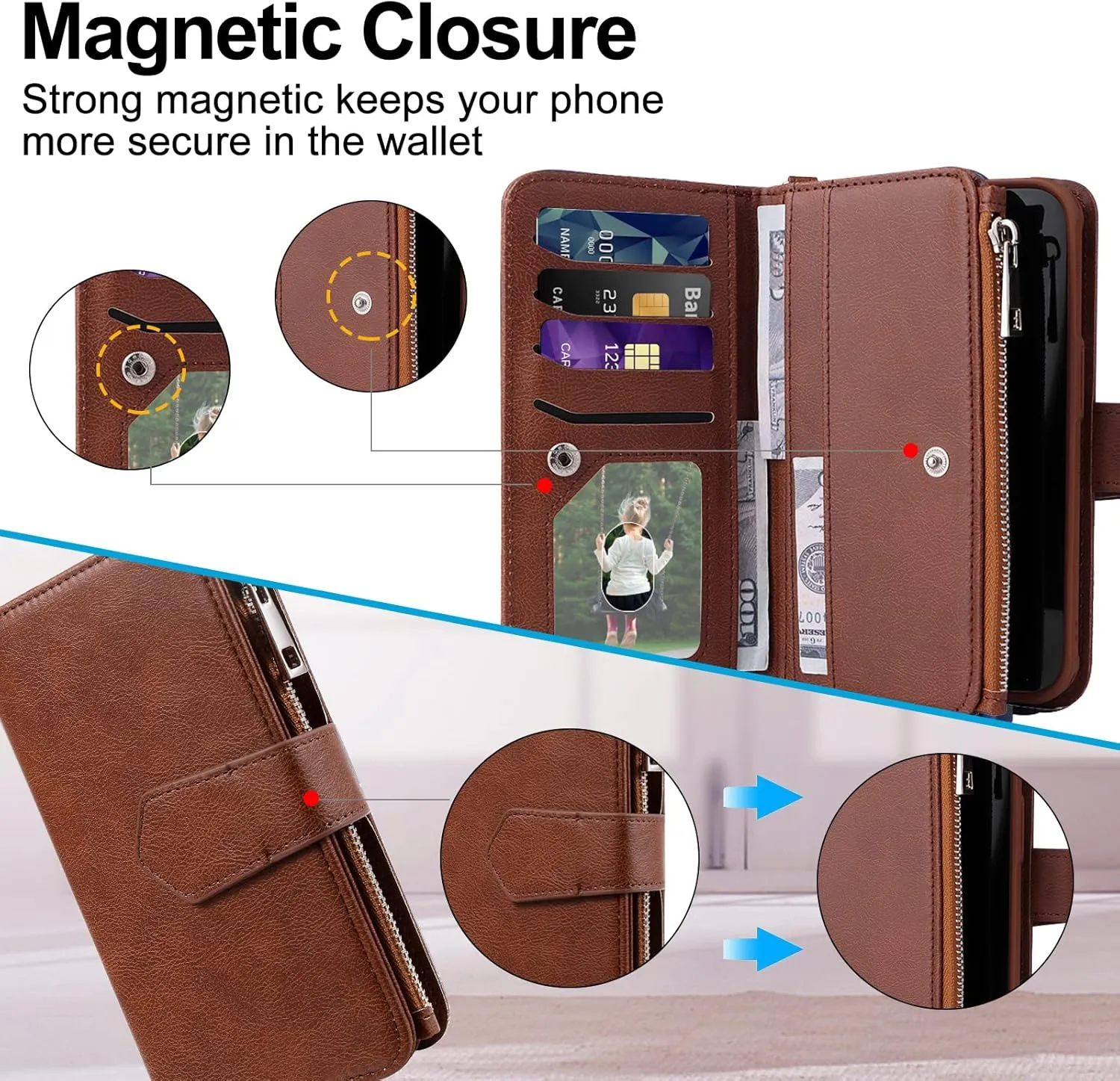 Case for iPhone XR, 2 in 1 Magnetic Detachable Shockproof Case, Flip Folio PU Leather Cover with Card Slot for iPhone XR, Brown