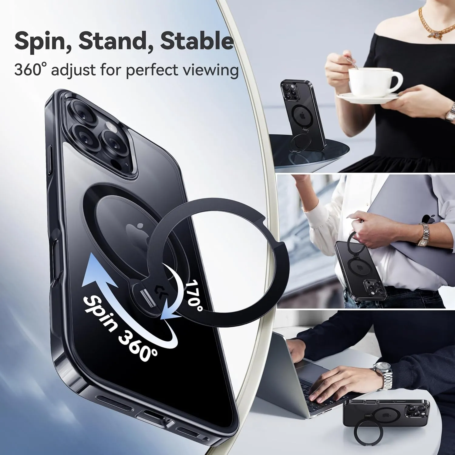 CASEKOO Titanium for iPhone 16 Pro Max Case with 360° Spin Magnetic Stand [Compatible with Magsafe][16FT Military Protection] Polished for iPhone 16 ProMax Case with Stand Ring 6.9'', Premium Black