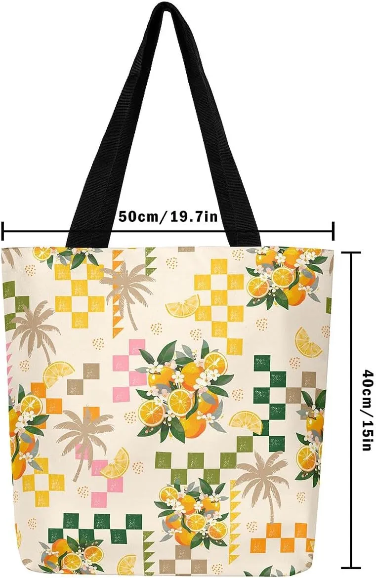 Castle Fairy Dessert Fruit Print Canvas Tote Bag,Cartoon Theme Shoulder Handbags for Shopping Gym,Large Capacity Bags