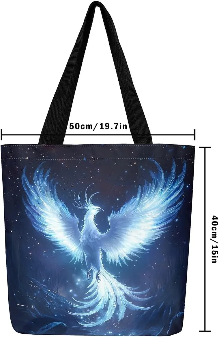 Castle Fairy Dragon Phoenix Canvas Tote Bag 19.7x5.1 Inch Animal Decor Shoulder Handbags for Shopping Gym