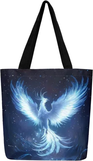 Castle Fairy Dragon Phoenix Canvas Tote Bag 19.7x5.1 Inch Animal Decor Shoulder Handbags for Shopping Gym